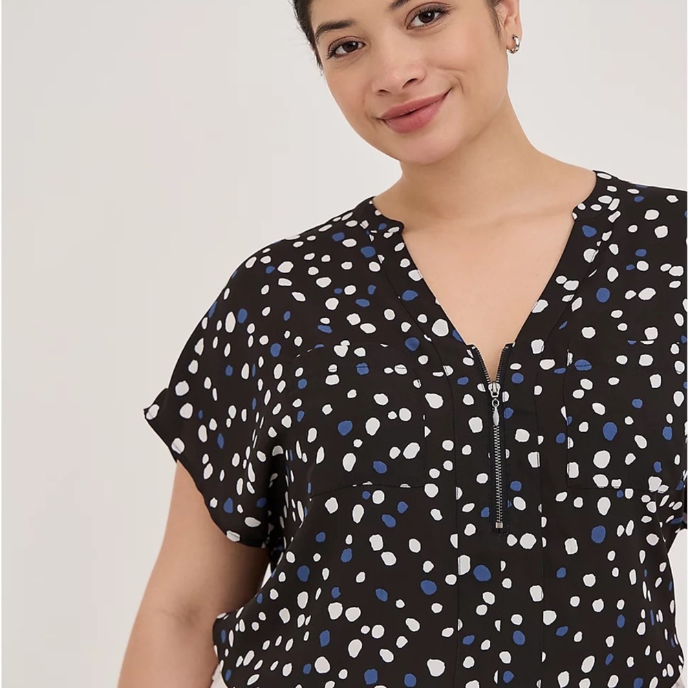 TORRID Black Georgette Top with White and Blue Polka Dots